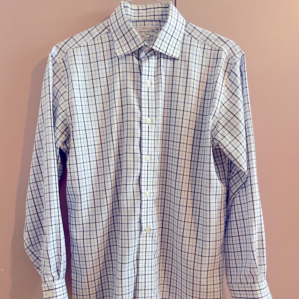 Lorenzo Uomo Button Down Shirt Size 15.5 32-33 (Trim Fit) Blue & White